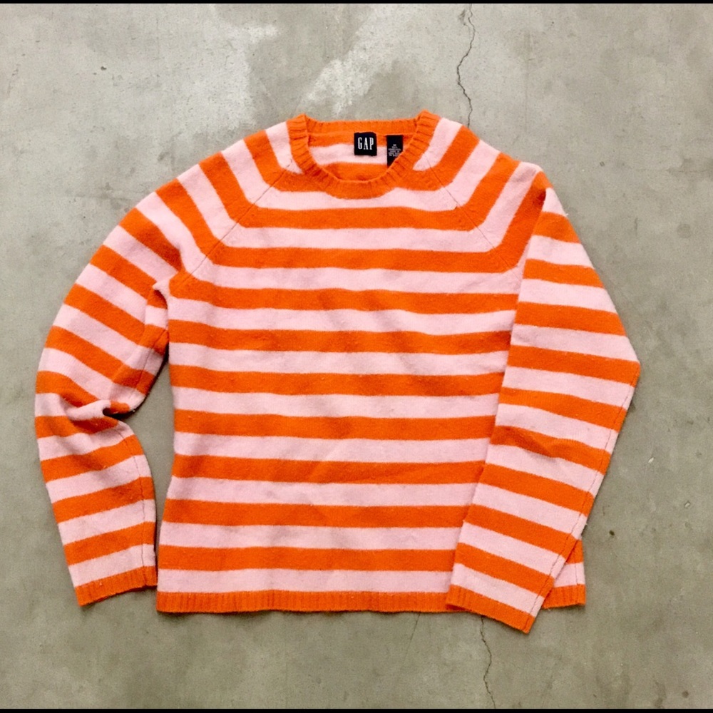 Gap 100% Lambswool warm sweater, orange striped, M